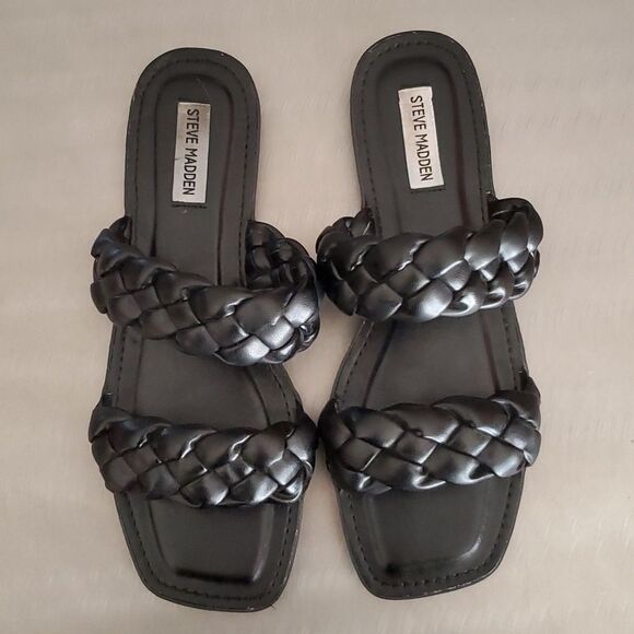 Steve Madden Brimm Black Puffy Double Braided Slide Flat Sandals Square Toe 10 - Picture 2 of 10
